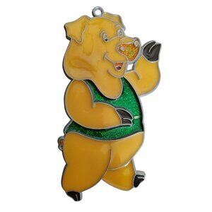 Vintage Stained "Glass" Pig Suncatcher, Plastic Exercise Workout Kitsch, Glitter